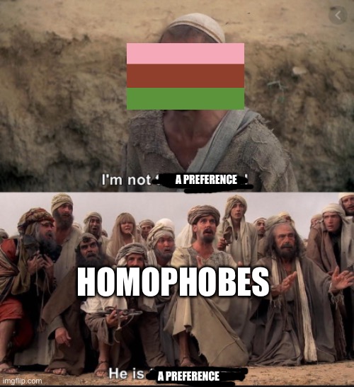 Same goes for androsexuality. | A PREFERENCE; HOMOPHOBES; A PREFERENCE | image tagged in i'm not the messiah | made w/ Imgflip meme maker