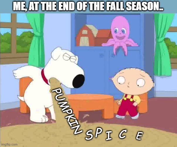 it only comes around once a year , so why not indulge a little | ME, AT THE END OF THE FALL SEASON.. PUMPKIN; P; C; S; I; E | image tagged in funny memes,october,fall,lol so funny,funny meme | made w/ Imgflip meme maker