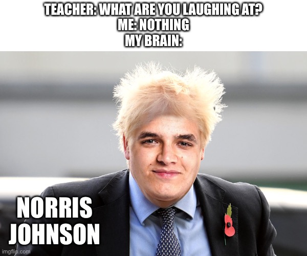 TEACHER: WHAT ARE YOU LAUGHING AT?
ME: NOTHING
MY BRAIN:; NORRIS JOHNSON | made w/ Imgflip meme maker