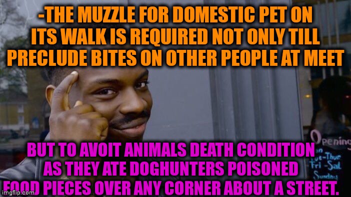 -Just set on nose. | -THE MUZZLE FOR DOMESTIC PET ON ITS WALK IS REQUIRED NOT ONLY TILL PRECLUDE BITES ON OTHER PEOPLE AT MEET; BUT TO AVOIT ANIMALS DEATH CONDITION AS THEY ATE DOGHUNTERS POISONED FOOD PIECES OVER ANY CORNER ABOUT A STREET. | image tagged in memes,roll safe think about it,doge,bounty hunter,poison ivy,junk food | made w/ Imgflip meme maker