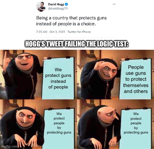Hadn’t thought about it that way |  HOGG’S TWEET FAILING THE LOGIC TEST:; We protect guns instead of people; People use guns to protect themselves and others; We protect people by protecting guns; We protect people by protecting guns | image tagged in memes,gru's plan,david hogg,gun control | made w/ Imgflip meme maker