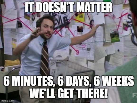 It doesn't matter ... 6 minutes 6 days 6 months | IT DOESN'T MATTER; 6 MINUTES, 6 DAYS, 6 WEEKS
WE'LL GET THERE! | image tagged in charlie day | made w/ Imgflip meme maker