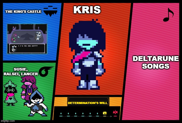 a concept | THE KING'S CASTLE; KRIS; DELTARUNE SONGS; SUSIE, RALSEI, LANCER; DETERMINATION'S WILL | image tagged in smash ultimate dlc fighter profile | made w/ Imgflip meme maker