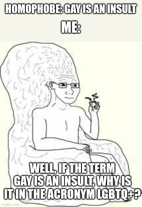 The ultimate comeback to "gay is an insult" | HOMOPHOBE: GAY IS AN INSULT; ME:; WELL, IF THE TERM GAY IS AN INSULT, WHY IS IT IN THE ACRONYM LGBTQ+? | image tagged in big brain wojak | made w/ Imgflip meme maker