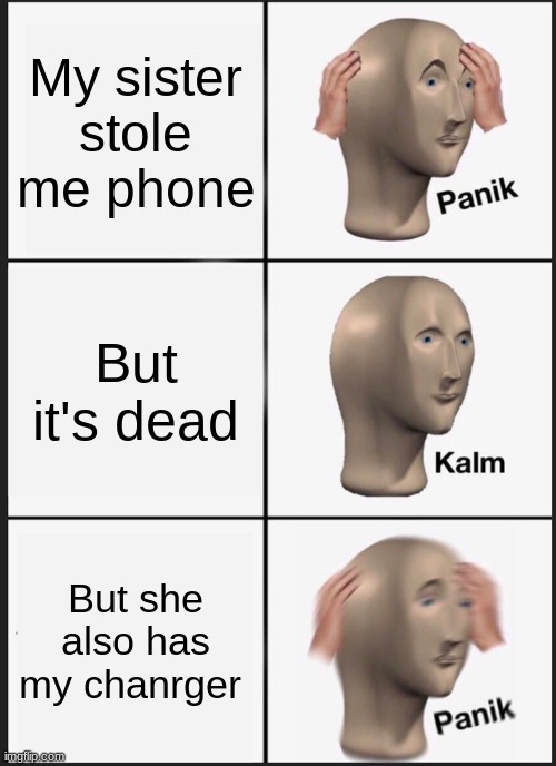 Panik Kalm Panik | My sister stole me phone; But it's dead; But she also has my charger | image tagged in memes,panik kalm panik | made w/ Imgflip meme maker