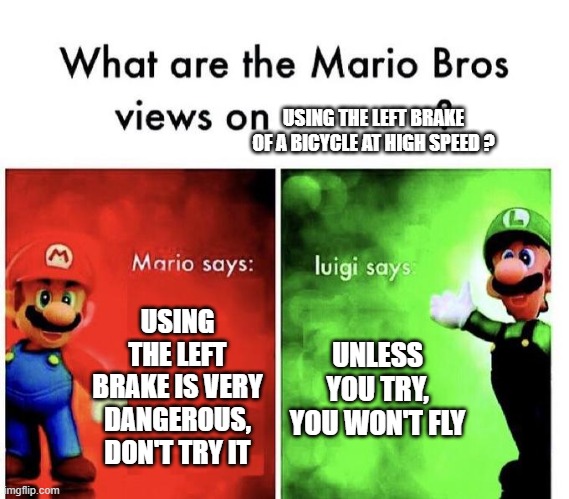 Luigi believes you can fly, so try. | USING THE LEFT BRAKE OF A BICYCLE AT HIGH SPEED ? USING THE LEFT BRAKE IS VERY DANGEROUS, DON'T TRY IT; UNLESS YOU TRY, YOU WON'T FLY | image tagged in mario bros views,memes | made w/ Imgflip meme maker
