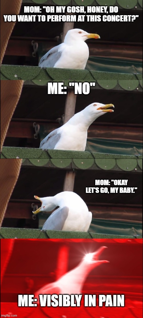 Inhaling Seagull Meme | MOM: "OH MY GOSH, HONEY, DO YOU WANT TO PERFORM AT THIS CONCERT?"; ME: "NO"; MOM: "OKAY LET'S GO, MY BABY."; ME: VISIBLY IN PAIN | image tagged in memes,inhaling seagull | made w/ Imgflip meme maker
