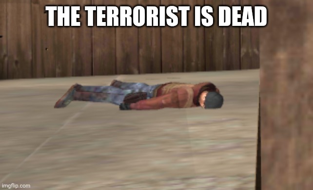 dead | THE TERRORIST IS DEAD | image tagged in dead | made w/ Imgflip meme maker