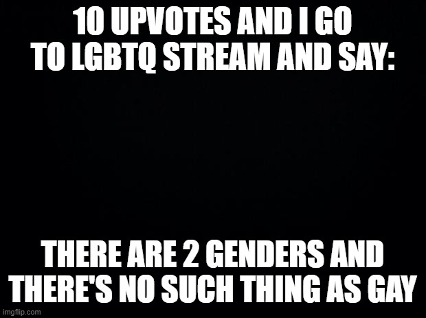 This is gonna be a joke lmao but I'm not homophobic. | 10 UPVOTES AND I GO TO LGBTQ STREAM AND SAY:; THERE ARE 2 GENDERS AND THERE'S NO SUCH THING AS GAY | image tagged in black background | made w/ Imgflip meme maker