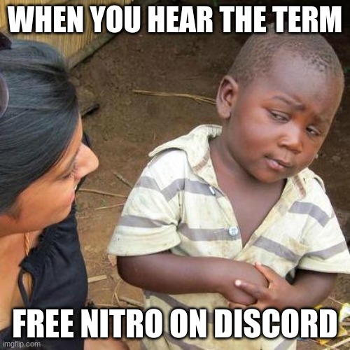 Third World Skeptical Kid | WHEN YOU HEAR THE TERM; FREE NITRO ON DISCORD | image tagged in memes,third world skeptical kid | made w/ Imgflip meme maker