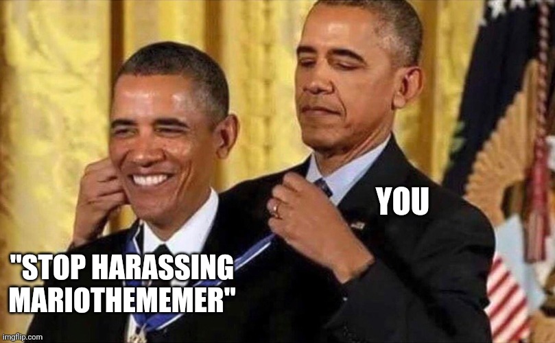 obama medal | YOU "STOP HARASSING MARIOTHEMEMER" | image tagged in obama medal | made w/ Imgflip meme maker