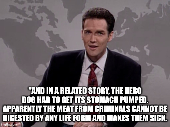 Norm MacDonald Weekend Update | "AND IN A RELATED STORY, THE HERO DOG HAD TO GET ITS STOMACH PUMPED. APPARENTLY THE MEAT FROM CRIMINALS CANNOT BE DIGESTED BY ANY LIFE FORM  | image tagged in norm macdonald weekend update | made w/ Imgflip meme maker