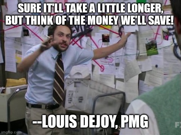 Mail delay | SURE IT'LL TAKE A LITTLE LONGER, BUT THINK OF THE MONEY WE'LL SAVE! --LOUIS DEJOY, PMG | image tagged in charlie day | made w/ Imgflip meme maker