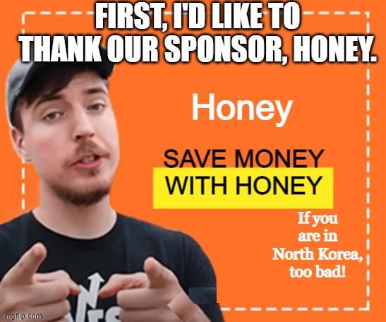 Mr. beast honey ad | Honey SAVE MONEY WITH HONEY If you are in North Korea, too bad! FIRST, I'D LIKE TO THANK OUR SPONSOR, HONEY. | image tagged in mr beast honey ad | made w/ Imgflip meme maker