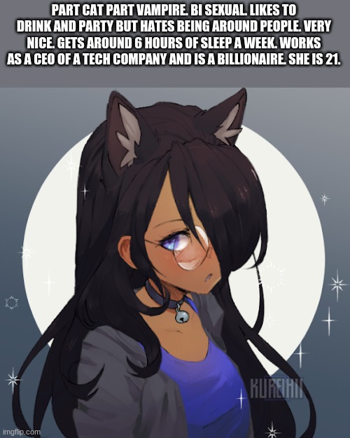 PART CAT PART VAMPIRE. BI SEXUAL. LIKES TO DRINK AND PARTY BUT HATES BEING AROUND PEOPLE. VERY NICE. GETS AROUND 6 HOURS OF SLEEP A WEEK. WO | made w/ Imgflip meme maker