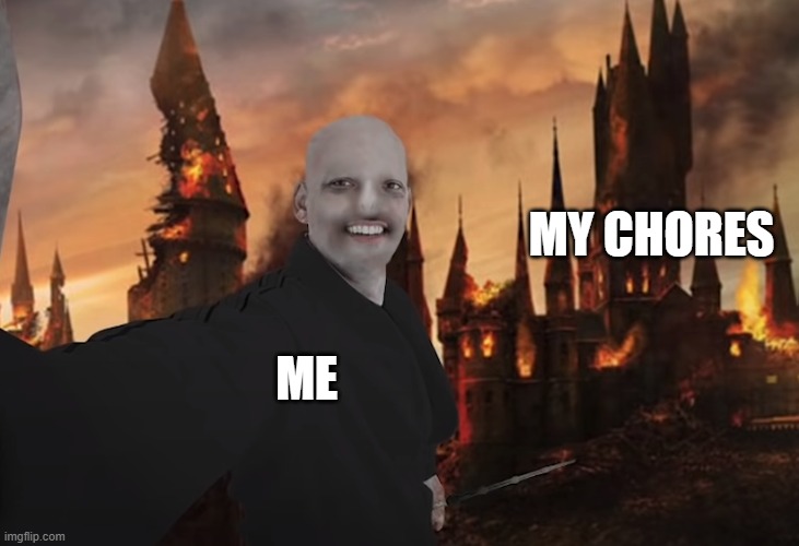 Me and my lazy butt | MY CHORES; ME | image tagged in will smith voldemort | made w/ Imgflip meme maker