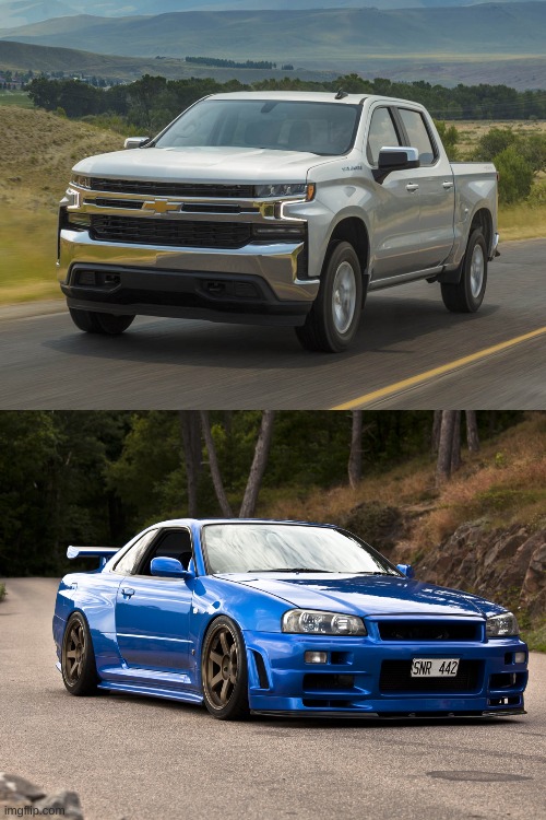 image tagged in 2019 silverado,nissan r34 | made w/ Imgflip meme maker