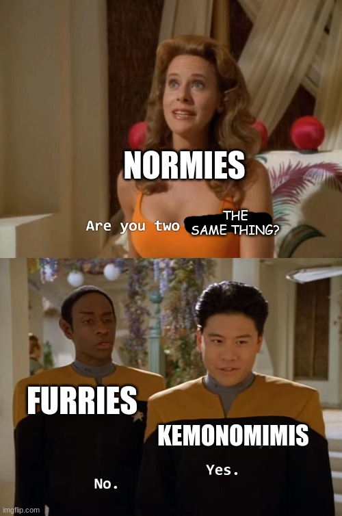 Are you two the same thing? | NORMIES; THE SAME THING? FURRIES; KEMONOMIMIS | image tagged in are you two friends,kemonomimi,furry | made w/ Imgflip meme maker