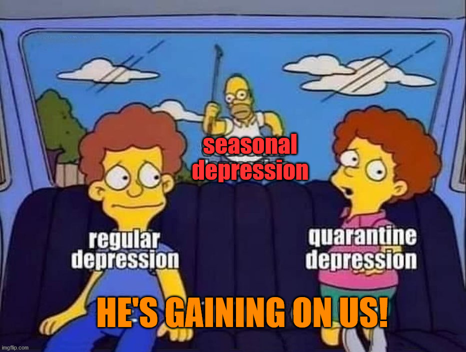 seasonal
depression; HE'S GAINING ON US! | image tagged in comics/cartoons | made w/ Imgflip meme maker