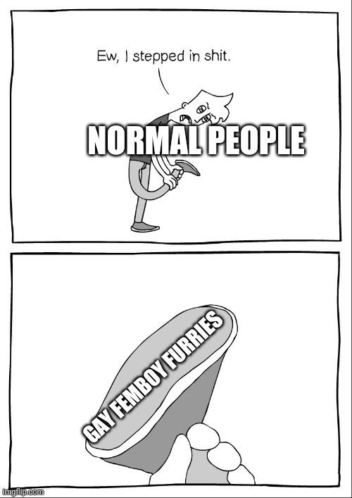 Ew, i stepped in shit | NORMAL PEOPLE; GAY FEMBOY FURRIES | image tagged in ew i stepped in shit | made w/ Imgflip meme maker