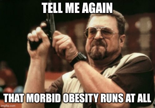 Am I The Only One Around Here | TELL ME AGAIN; THAT MORBID OBESITY RUNS AT ALL | image tagged in memes,am i the only one around here,obese,obesity | made w/ Imgflip meme maker