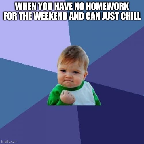 I think we all wish this was true | WHEN YOU HAVE NO HOMEWORK FOR THE WEEKEND AND CAN JUST CHILL | image tagged in memes,success kid,relateable,so true memes | made w/ Imgflip meme maker