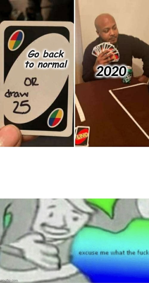 Go back to normal; 2020 | image tagged in memes,uno draw 25 cards,excuse me wtf blank template,uno,wtf | made w/ Imgflip meme maker