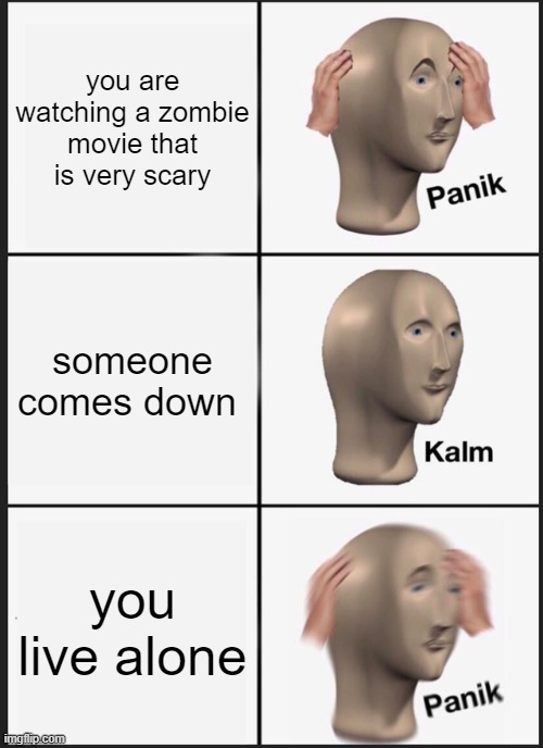 Panik Kalm Panik Meme | you are watching a zombie movie that is very scary; someone comes down; you live alone | image tagged in memes,panik kalm panik | made w/ Imgflip meme maker