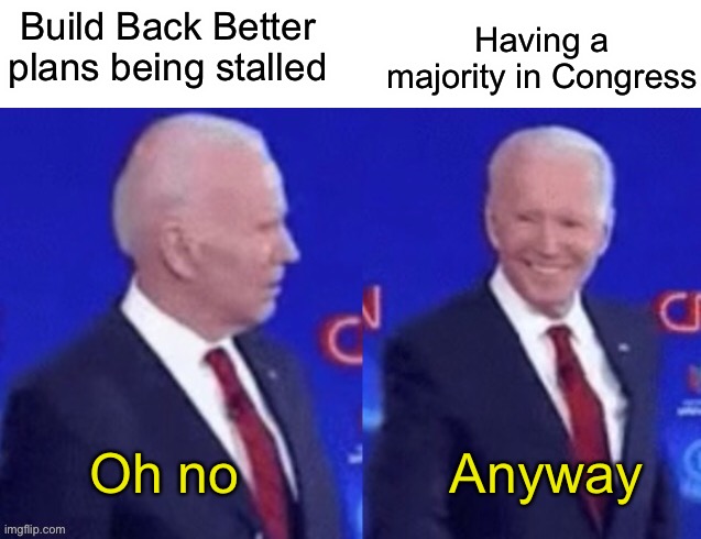 Nice try | Having a majority in Congress; Build Back Better plans being stalled; Oh no; Anyway | image tagged in joe biden | made w/ Imgflip meme maker