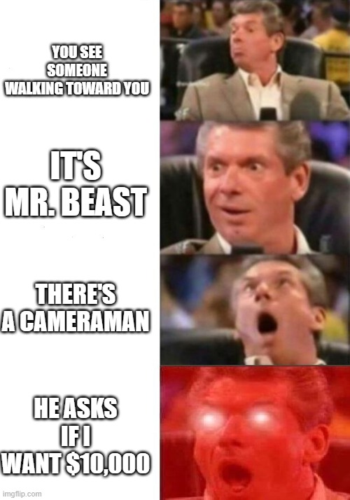 I wish this happened to me. | YOU SEE SOMEONE WALKING TOWARD YOU; IT'S MR. BEAST; THERE'S A CAMERAMAN; HE ASKS IF I WANT $10,000 | image tagged in mr mcmahon reaction | made w/ Imgflip meme maker