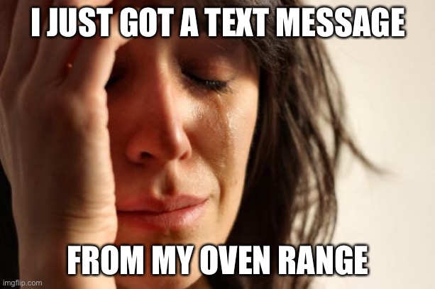First World Problems Meme | I JUST GOT A TEXT MESSAGE; FROM MY OVEN RANGE | image tagged in memes,first world problems,true story,funny,not funny,new normal | made w/ Imgflip meme maker