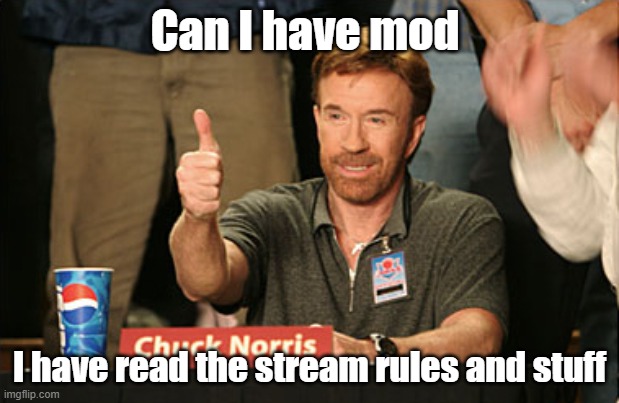 Chuck Norris Approves | Can I have mod; I have read the stream rules and stuff | image tagged in memes,chuck norris approves,chuck norris | made w/ Imgflip meme maker