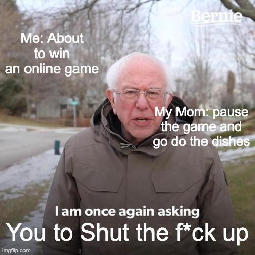 When Your Mom Tells You To Pause An Online Game | Me: About to win an online game; My Mom: pause the game and go do the dishes; You to Shut the f*ck up | image tagged in memes,bernie i am once again asking for your support | made w/ Imgflip meme maker