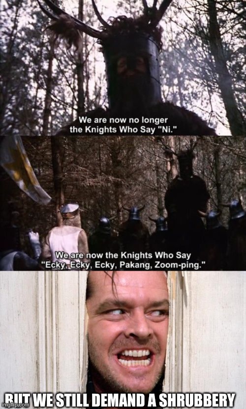 BUT WE STILL DEMAND A SHRUBBERY | image tagged in the shining | made w/ Imgflip meme maker