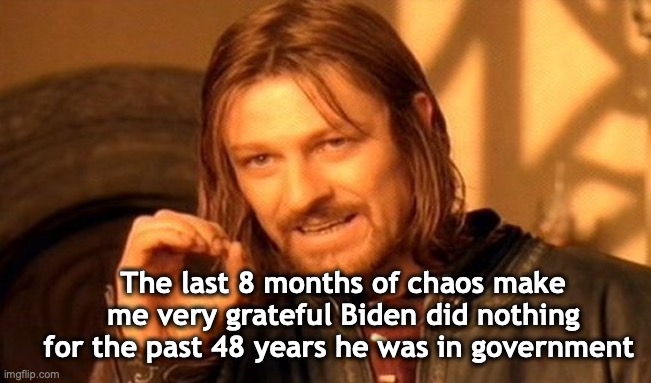 One Does Not Simply Meme | The last 8 months of chaos make me very grateful Biden did nothing for the past 48 years he was in government | image tagged in memes,one does not simply | made w/ Imgflip meme maker