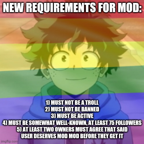 Gay.png | NEW REQUIREMENTS FOR MOD:; 1) MUST NOT BE A TROLL
2) MUST NOT BE BANNED
3) MUST BE ACTIVE
4) MUST BE SOMEWHAT WELL-KNOWN, AT LEAST 75 FOLLOWERS
5) AT LEAST TWO OWNERS MUST AGREE THAT SAID USER DESERVES MOD MOD BEFORE THEY GET IT | image tagged in gay png | made w/ Imgflip meme maker