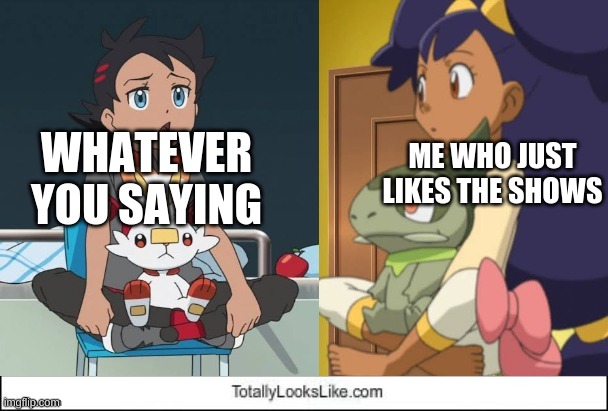 Pokemon Goh and Iris | WHATEVER YOU SAYING ME WHO JUST LIKES THE SHOWS | image tagged in pokemon goh and iris | made w/ Imgflip meme maker
