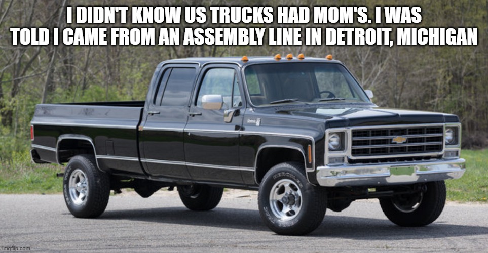chevy squarebody | I DIDN'T KNOW US TRUCKS HAD MOM'S. I WAS TOLD I CAME FROM AN ASSEMBLY LINE IN DETROIT, MICHIGAN | image tagged in chevy squarebody | made w/ Imgflip meme maker