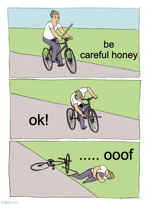 Bike Fall | be careful honey; ok! ..... ooof | image tagged in memes,bike fall | made w/ Imgflip meme maker