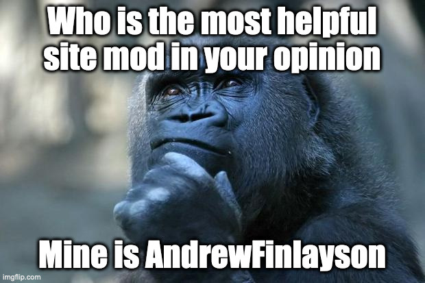 I hate titles |  Who is the most helpful site mod in your opinion; Mine is AndrewFinlayson | image tagged in deep thoughts | made w/ Imgflip meme maker