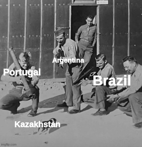 2021 FIFA Futsal World Cup in a nutshell |  Argentina; Brazil; Portugal; Kazakhstan | image tagged in memes,soldiers trying to kill a puppy,futsal,world cup,portugal,argentina | made w/ Imgflip meme maker