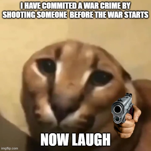 oh no floppa | I HAVE COMMITED A WAR CRIME BY SHOOTING SOMEONE  BEFORE THE WAR STARTS; NOW LAUGH | image tagged in big floppa | made w/ Imgflip meme maker