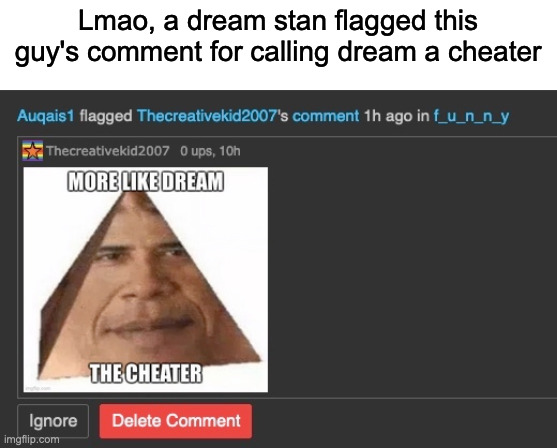 DREAM STAN ALERT | Lmao, a dream stan flagged this guy's comment for calling dream a cheater | made w/ Imgflip meme maker