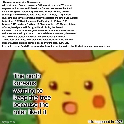OPERATION PAUL BUNYAN | The Americans sending 16 engineers with chainsaws, 2 guard platoons, a 165mm main gun, a M728 combat engineer vehicle, multiple M4T6 rafts, a 64-man task force of the South Korean 1st Special Forces Brigade trained with taekwondo, a line of sandbags in which soldiers were armed with M16 rifles, M79 grenade launchers, and claymore mines, 20 utility helicopters and seven Cobra attack helicopters,  B-52 Stratofortresses, F-4 Phantom IIs, F-5 and F-86 fighters, F-111 bombers, F-4C and -D Phantoms, the USS Midway stationed offshore, heavily-armed infantry, artillery including the Second Battalion, 71st Air Defense Regiment armed with Improved Hawk missiles, and armor were waiting to back up the special operations team, the defcon was raised to 3 (defcon 1 is nuclear war and defcon 5 is normal), 12,000 additional troops were ordered to korea including 1,800 marines, nuclear-capable strategic bombers circled over the area, every UNC force in the rest of South Korea was on battle alert to cut down a tree that blocked view from a command post. The north koreans wanting to keep the tree because the ruler liked it; this happened in 1976 | made w/ Imgflip meme maker