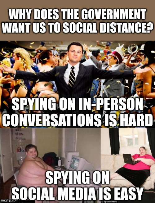 They're making it easier on themselves | WHY DOES THE GOVERNMENT WANT US TO SOCIAL DISTANCE? SPYING ON IN-PERSON CONVERSATIONS IS HARD; SPYING ON SOCIAL MEDIA IS EASY | image tagged in wolf party,really fat guy on computer,fat woman on computer | made w/ Imgflip meme maker
