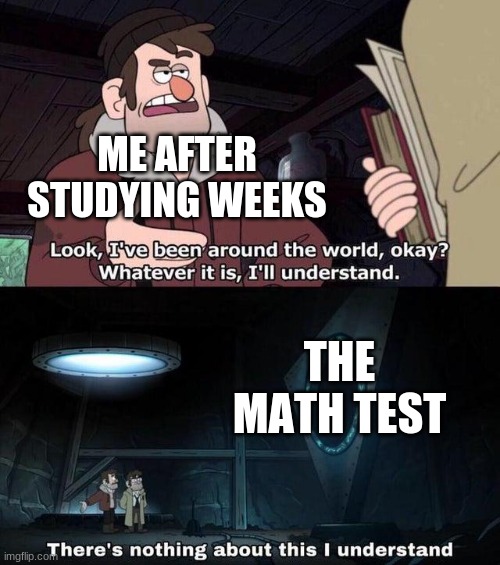 ... |  ME AFTER STUDYING WEEKS; THE MATH TEST | image tagged in gravity falls understanding | made w/ Imgflip meme maker