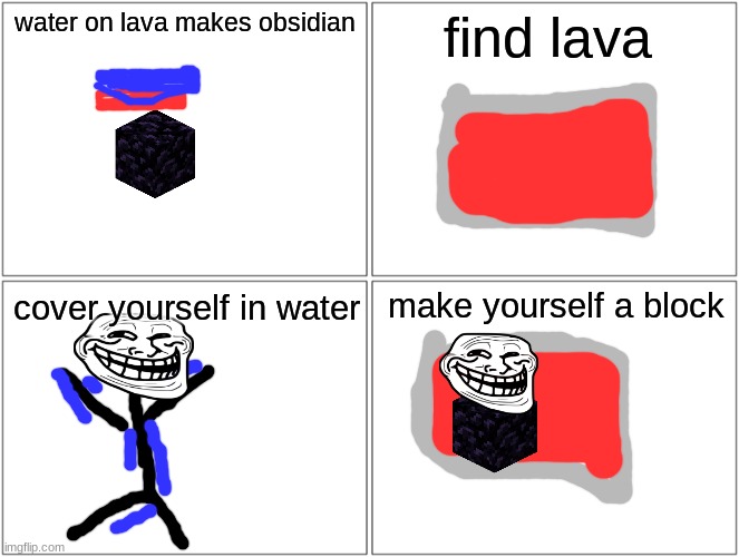 Blank Comic Panel 2x2 Meme | water on lava makes obsidian; find lava; make yourself a block; cover yourself in water | image tagged in memes,blank comic panel 2x2 | made w/ Imgflip meme maker