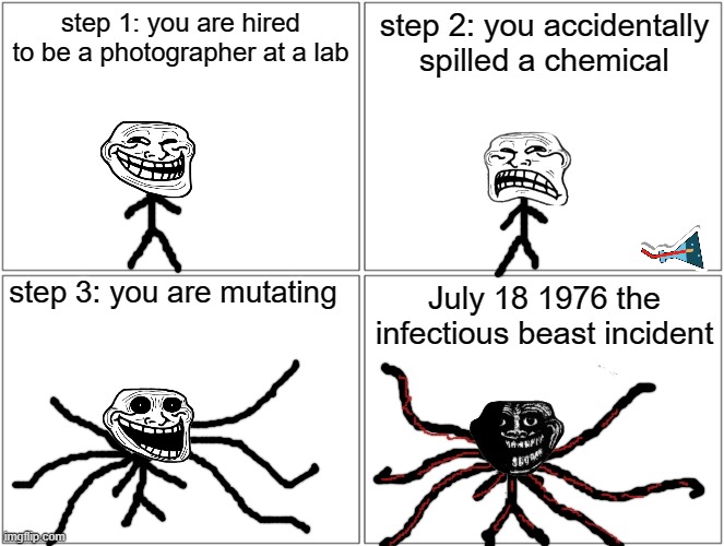 Im bored so I made the infectious beast again step by step | step 1: you are hired to be a photographer at a lab; step 2: you accidentally spilled a chemical; step 3: you are mutating; July 18 1976 the infectious beast incident | image tagged in memes,blank comic panel 2x2 | made w/ Imgflip meme maker