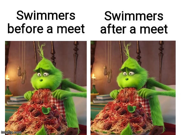 Pasta party! |  Swimmers after a meet; Swimmers before a meet | image tagged in swimming,swim team | made w/ Imgflip meme maker