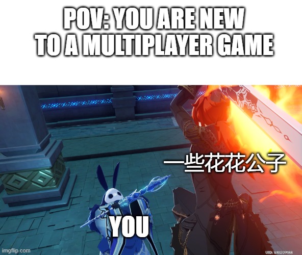 Random Genshin Impact Photo | POV: YOU ARE NEW TO A MULTIPLAYER GAME; 一些花花公子; YOU | image tagged in random genshin impact photo,chinese players | made w/ Imgflip meme maker